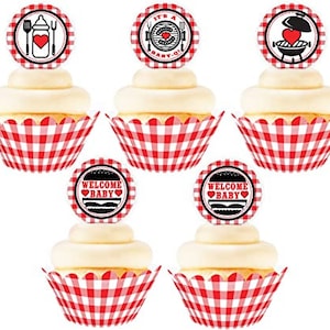 Baby Q Cupcake Kit - 24 Baby Q Cupcake Toppers and 24 Cupcake Wrappers - Baby Q Party Decorations - Cupcake, Red, Black, White