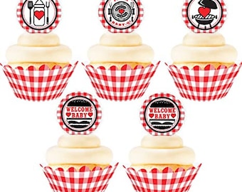 Baby Q Cupcake Kit - 24 Baby Q Cupcake Toppers and 24 Cupcake Wrappers - Baby Q Party Decorations - Cupcake, Red, Black, White