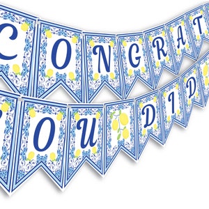May include: A blue and white patterned banner with the text "Congrats You Did It" in blue letters. The banner is decorated with lemons and green leaves.