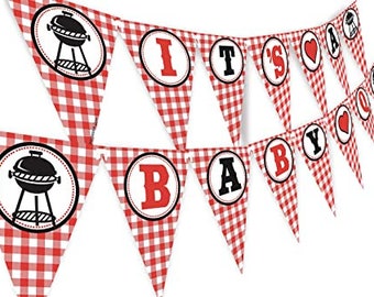 May include: Red and white checkered baby shower banner with the words "It's a Baby" in black and red letters. The banner also features a grill and a heart.