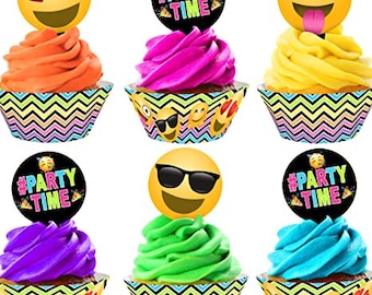 Emoji Cupcake Kit - 24 Emoji Cupcake Toppers and 24 Cupcake Wrappers - Emoji Party Supplies - Emoji Party Decorations - Cupcake