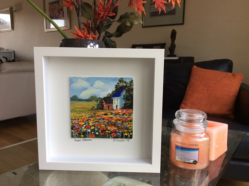 Fresh Blooms Original Acrylic Painting On Canvas Board Framed In Box Frame 28 5x28 5x4cms
