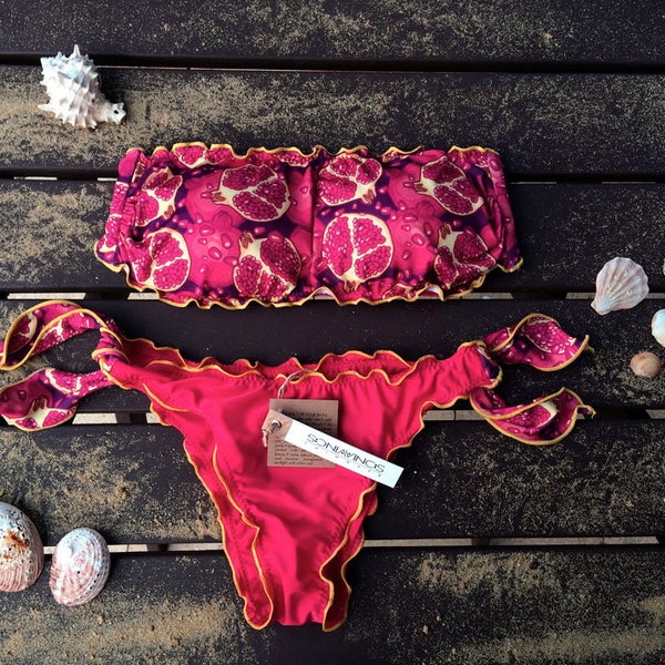 POMEGRANATES Bikini set Bandeau Top Woman Swimwear Handmade