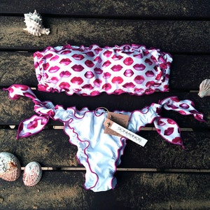 KISS ME Bikini set Bandeau Top Woman Swimwear Handmade image 1