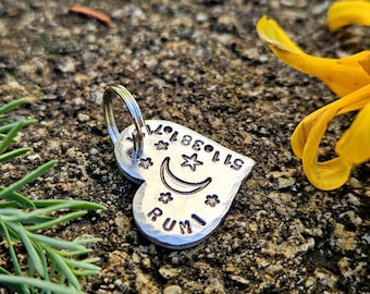 SMALL Heart and Moon Cat ID Tag: Hand-stamped Tiny Dog Collar Tag
