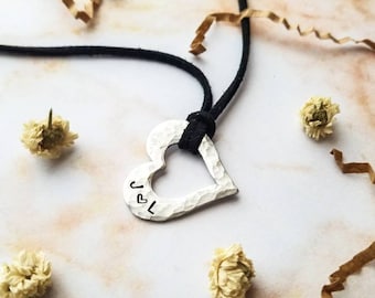 Custom heart necklace,personalized couples necklace, custom couples necklace, cord necklace, hand stamped necklace, custom initials