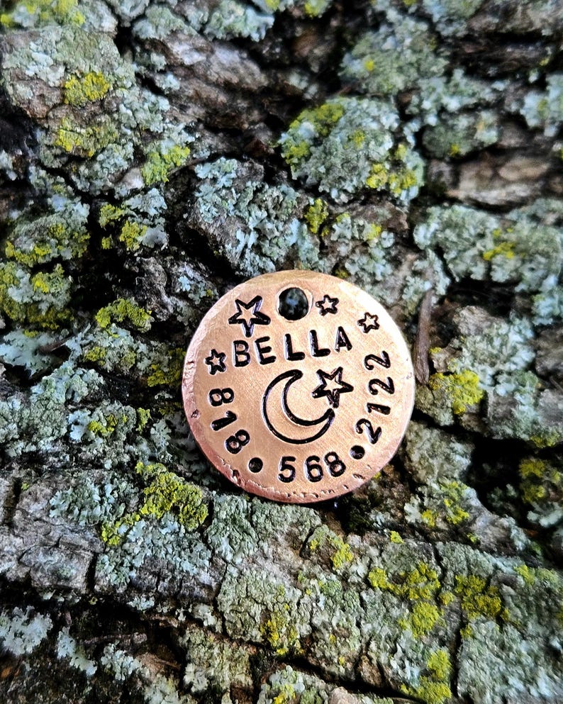 May include: A round copper pet ID tag featuring the stamped name BELLA, a crescent moon, and star icons. The tag includes the phone number 818-568-2122 engraved in a circular pattern around the centre design, with a small hole at the top for attachment.