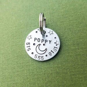 EXTRA SMALL cat tag, small dog id tag, crescent moon id tag, witchy whimsical id tag, pet tag, personalized id, tiny dog tag, custom tag