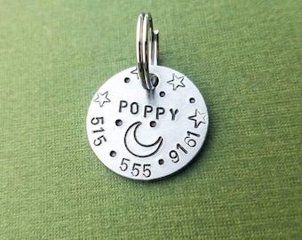 EXTRA SMALL cat tag, small dog id tag, crescent moon id tag, witchy whimsical id tag, pet tag, personalized id, tiny dog tag, custom tag