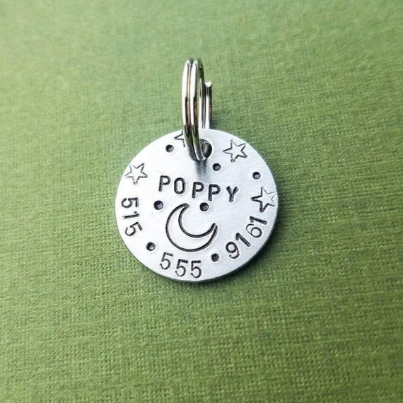 EXTRA SMALL cat tag, small dog id tag, crescent moon id tag, witchy whimsical id tag, pet tag, personalized id, tiny dog tag, custom tag