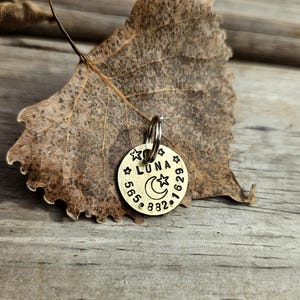 May include: A round brass pet identification tag featuring the stamped name LUNA, a crescent moon and star design, and the phone number 565-882-1629. The tag includes a silver-coloured metal jump ring attached to the top for secure collar attachment.