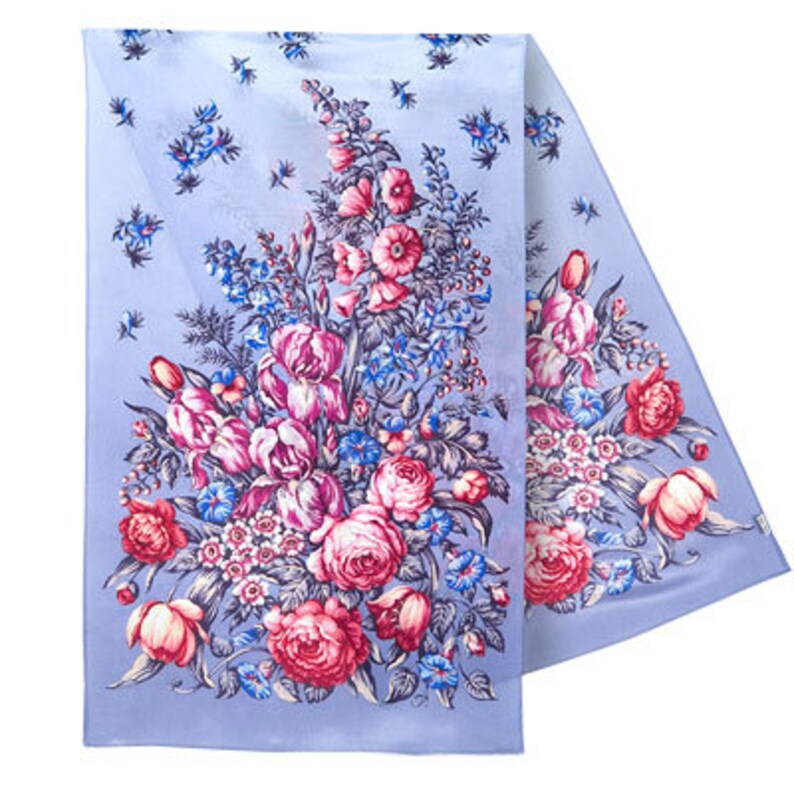 1398-2 17x59inhes crepe de Chine 43x150cm Pavlovo Posad russian scarf 100/% silk