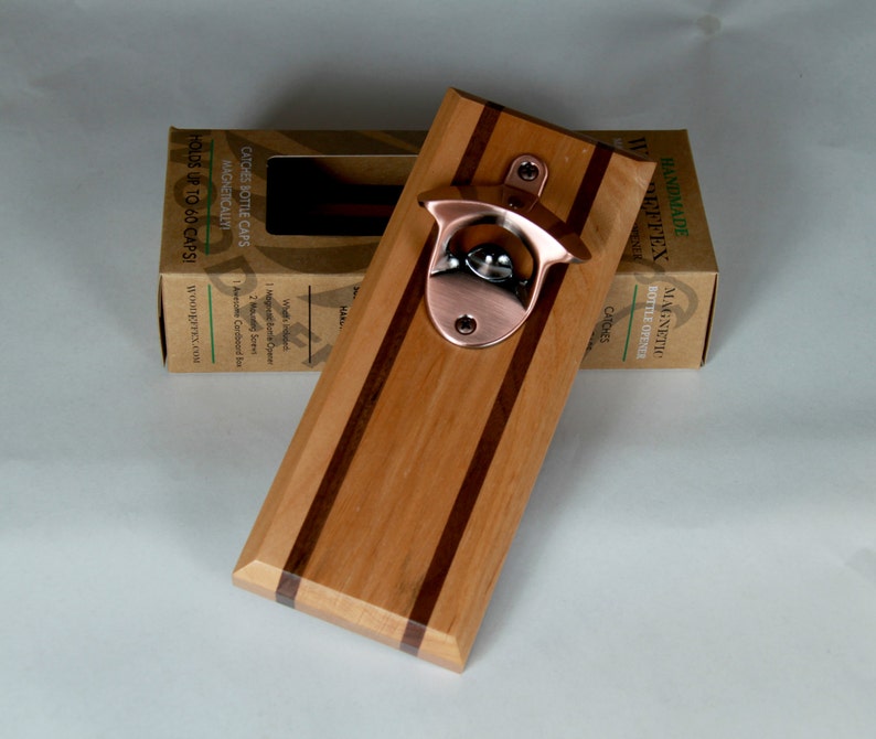 No Personalization Handcrafted Alder Wood /& Walnut Inlay with Brushed Copper Opener Bottle Opener Magnetic Cap Catcher