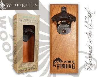 Personalized Bottle Opener Magnetic Cap Catcher - Handcrafted Cherry Wood with Dark Oil Bronze Opener - Rather be Fishing Engraving