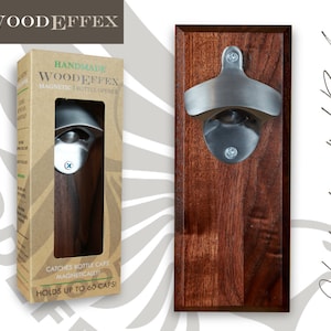 Bottle Opener Magnetic Cap Catcher - Handcrafted Walnut Wood with Brushed Nickel Opener (No Personalization)