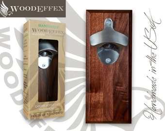 Bottle Opener Magnetic Cap Catcher - Handcrafted Walnut Wood with Brushed Nickel Opener (No Personalization)