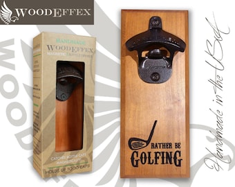 Personalized Bottle Opener Magnetic Cap Catcher - Handcrafted Cherry Wood with Dark Oil Bronze Opener -  Rather be Golfing Engraving