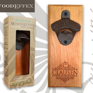 Personalized Bottle Opener Magnetic Cap Catcher - Handcrafted Cherry Wood with Dark Oil Bronze Opener - Personalized Name Engraving