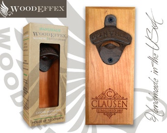 Personalized Bottle Opener Magnetic Cap Catcher - Handcrafted Cherry Wood with Dark Oil Bronze Opener - Personalized Name Engraving