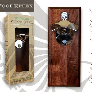 Bottle Opener Magnetic Cap Catcher - Handcrafted Walnut Wood with Shiny Chrome Opener (No Personalization)