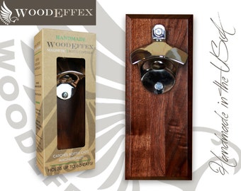 Bottle Opener Magnetic Cap Catcher - Handcrafted Walnut Wood with Shiny Chrome Opener (No Personalization)