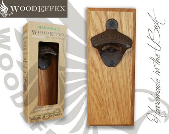 Bottle Opener Magnetic Cap Catcher - Handcrafted Oak Wood with Dark Oil Bronze Opener (No Personalization)