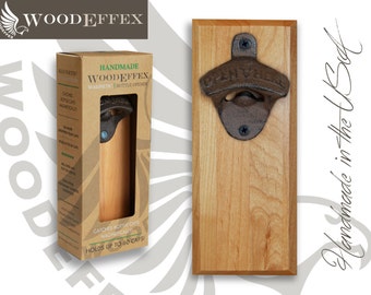 Bottle Opener Magnetic Cap Catcher - Handcrafted Alder Wood with Dark Oil Bronze Opener (No Personalization)