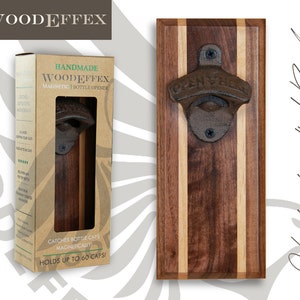 Bottle Opener Magnetic Cap Catcher  - Handcrafted Walnut/Alder Wood with Inlays with Dark Oil Bronze Iron Opener (No Personalization)
