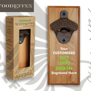 Personalized Bottle Opener Magnetic Cap Catcher - Handcrafted Alder Wood with Antique Bronze Opener - Custom Engraved Text/Logo/Design