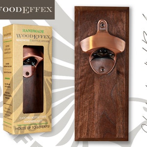 Bottle Opener Magnetic Cap Catcher - Handcrafted Walnut Wood with Brushed Copper Opener (No Personalization)