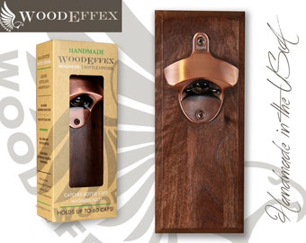 Bottle Opener Magnetic Cap Catcher - Handcrafted Walnut Wood with Brushed Copper Opener (No Personalization)