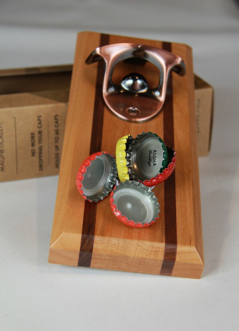 No Personalization Handcrafted Alder Wood /& Walnut Inlay with Brushed Copper Opener Bottle Opener Magnetic Cap Catcher