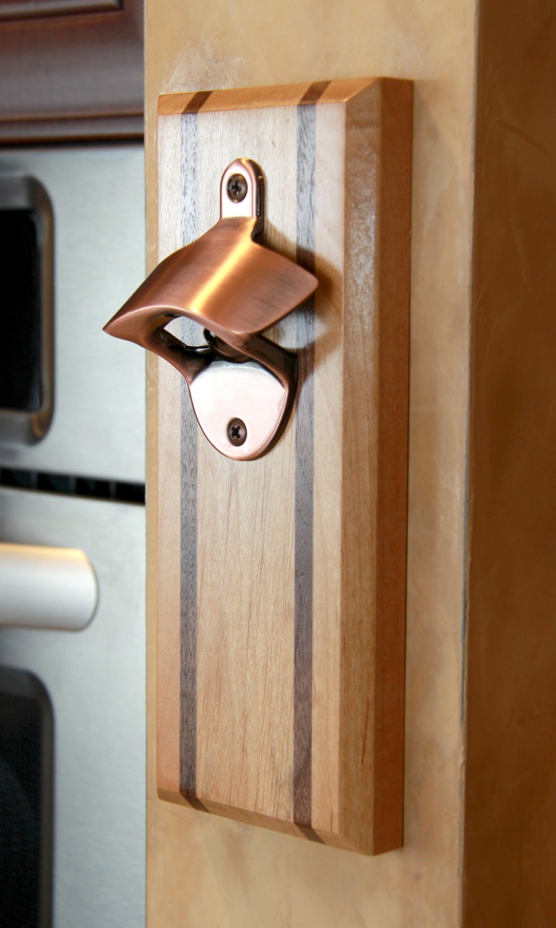 No Personalization Handcrafted Alder Wood /& Walnut Inlay with Brushed Copper Opener Bottle Opener Magnetic Cap Catcher