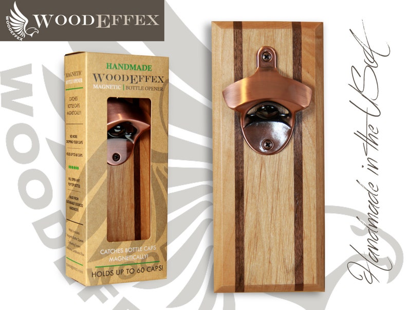 No Personalization Handcrafted Alder Wood /& Walnut Inlay with Brushed Copper Opener Bottle Opener Magnetic Cap Catcher