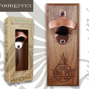 Personalized Bottle Opener Magnetic Cap Catcher - Handcrafted Walnut Wood with Brushed Copper Opener - Personalized BBQ Engraving