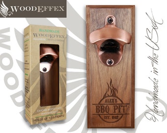 Personalized Bottle Opener Magnetic Cap Catcher - Handcrafted Walnut Wood with Brushed Copper Opener - Personalized BBQ Engraving