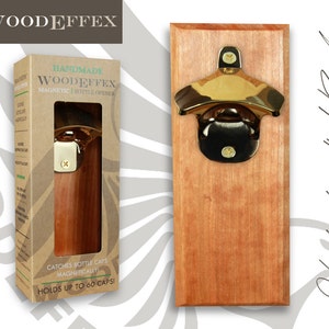 Bottle Opener Magnetic Cap Catcher - Handcrafted Cherry Wood with Shiny Gold Opener (No Personalization)