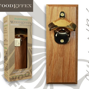 Bottle Opener Magnetic Cap Catcher - Handcrafted Oak Wood with Shiny Gold Opener (No Personalization)