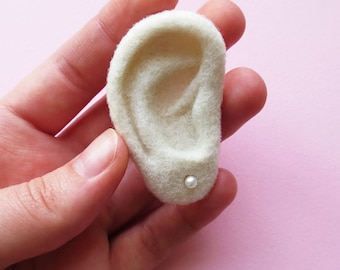 Ear brooch, earrings holder, needle felted brooch, white ear, white brooch, jewelry storage