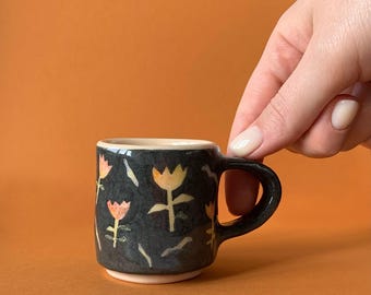 Ceramic espresso cup with floral ornament, Handmade ceramic espresso cup, Stoneware Espresso Cup, ceramics with flowers, Ceramic Coffee Mugs