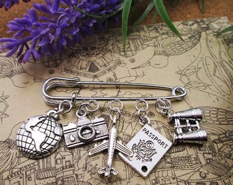 World Traveller Safety Pin Brooch w/ Charms