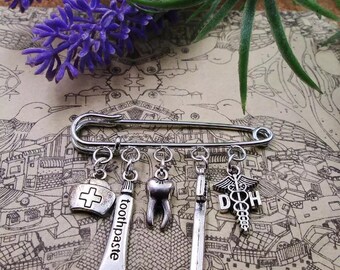 Dentist Safety Pin Brooch w/ Charms