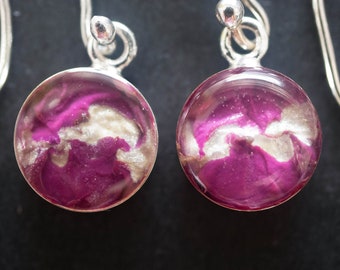 Handmade ear earrings - 'Eminence' - original, unique oil painting in clear resin in sterling silver tray