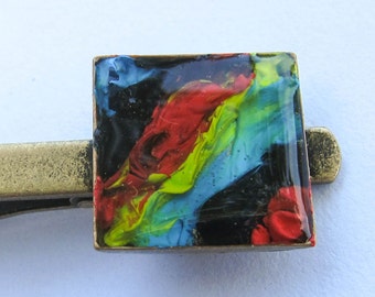 Handmade tie clip - 'Fiesta' - original, unique oil painting in clear resin