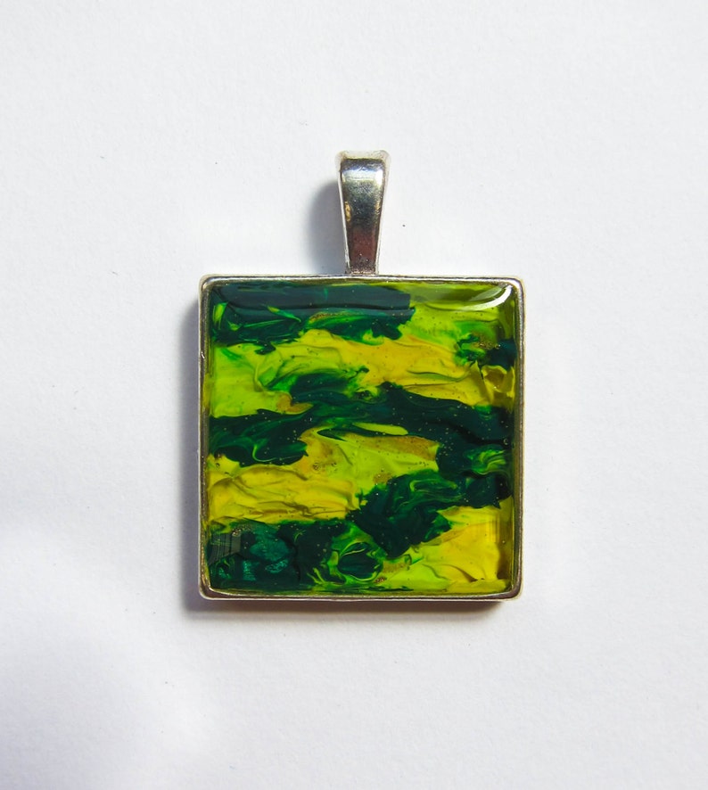 Handmade pendant 'Green and Gold' original, unique oil painting in clear resin image 1