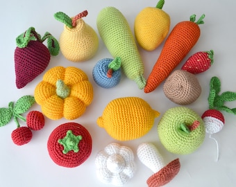 Ensemble de 16 fruits et légumes au crochet, jeu de simulation, décoration de cuisine, nourriture au crochet, peluches, jouet fait main, jouet d'apprentissage respectueux de l'environnement