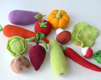 Ensemble de 12 légumes au crochet, jeu de simulation, cadeau pour enfants, nourriture pour jeux, nourriture au crochet, peluches, jouet fait main, respectueux de l'environnement, jouet d'apprentissage