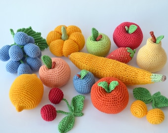 Lot de 13 fruits et légumes au crochet, jeu de simulation, nourriture pour animaux, nourriture au crochet, peluches, jouet fait main, décoration de cuisine respectueuse de l'environnement