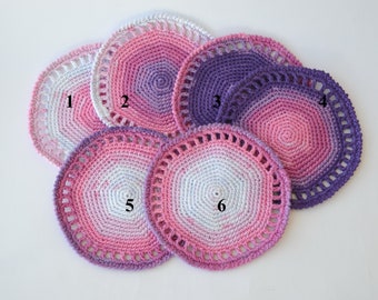 Crocheted coasters, Home decor, Home gift, small doily, Purple coasters, Pure cotton hand crocheted coasters