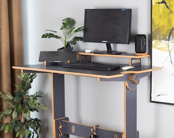 Office Furniture Folding Desk Large Wooden Black Standing Desk Monitor Riser Fold Down Computer Desk Gift for Him Unique Modern Desk Shelf